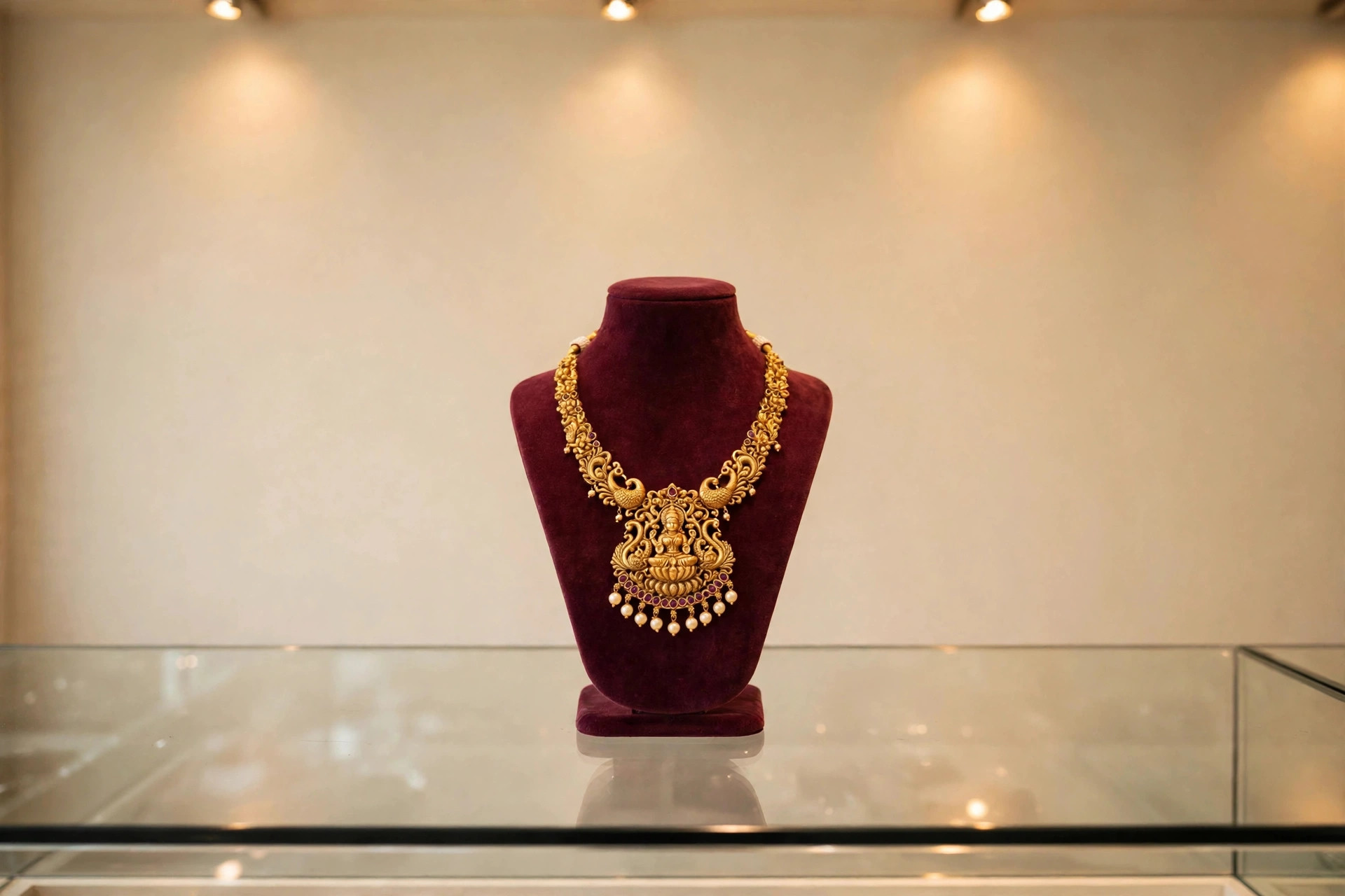 Gleaming, stunning new temple gold pendant on a display stand
