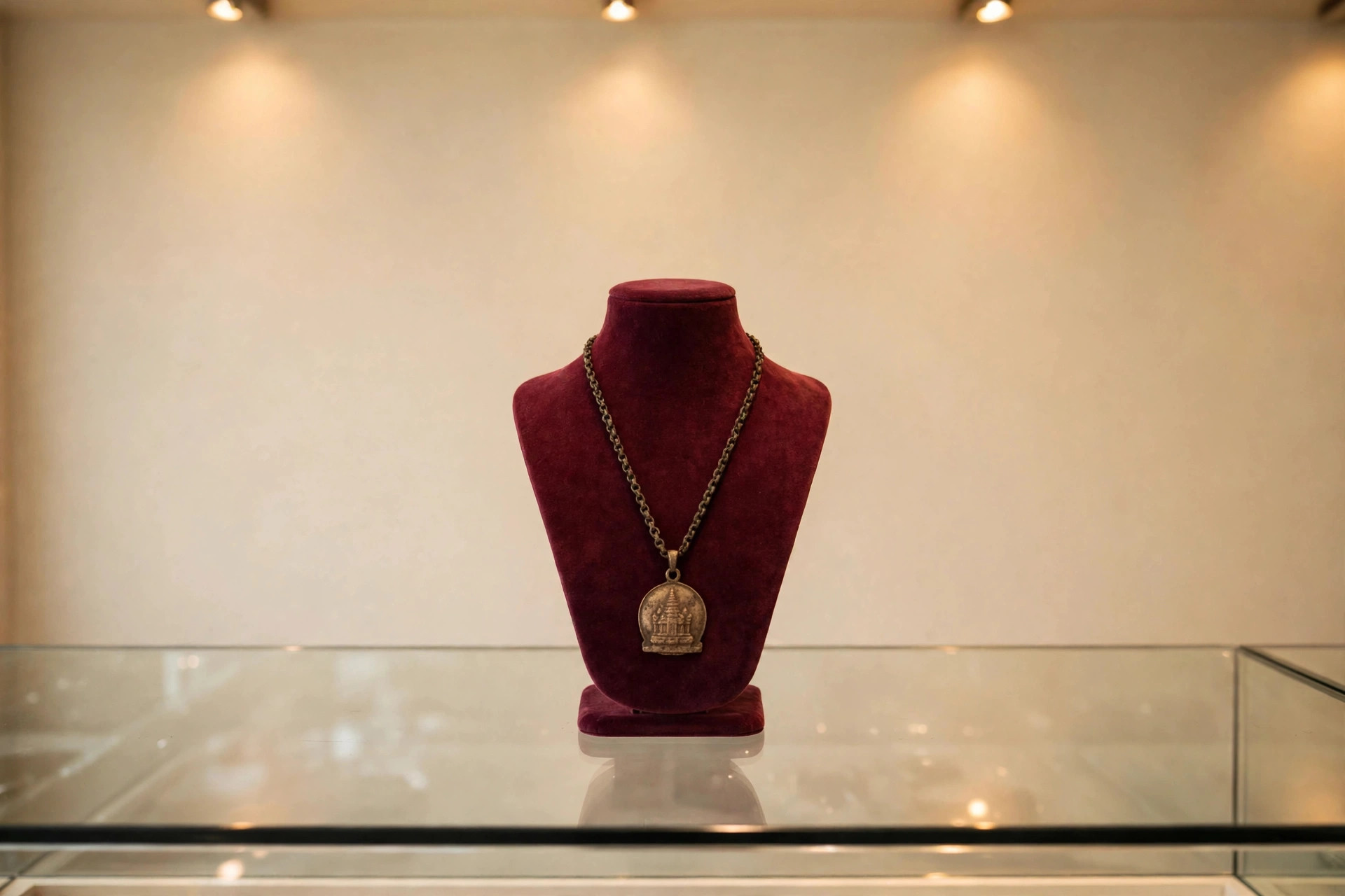Dull, tarnished old temple gold pendant on a display stand